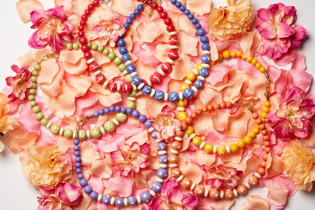 Splendette vintage inspired 1940s Bakelite style Spring Florals Bead Necklace flat lay