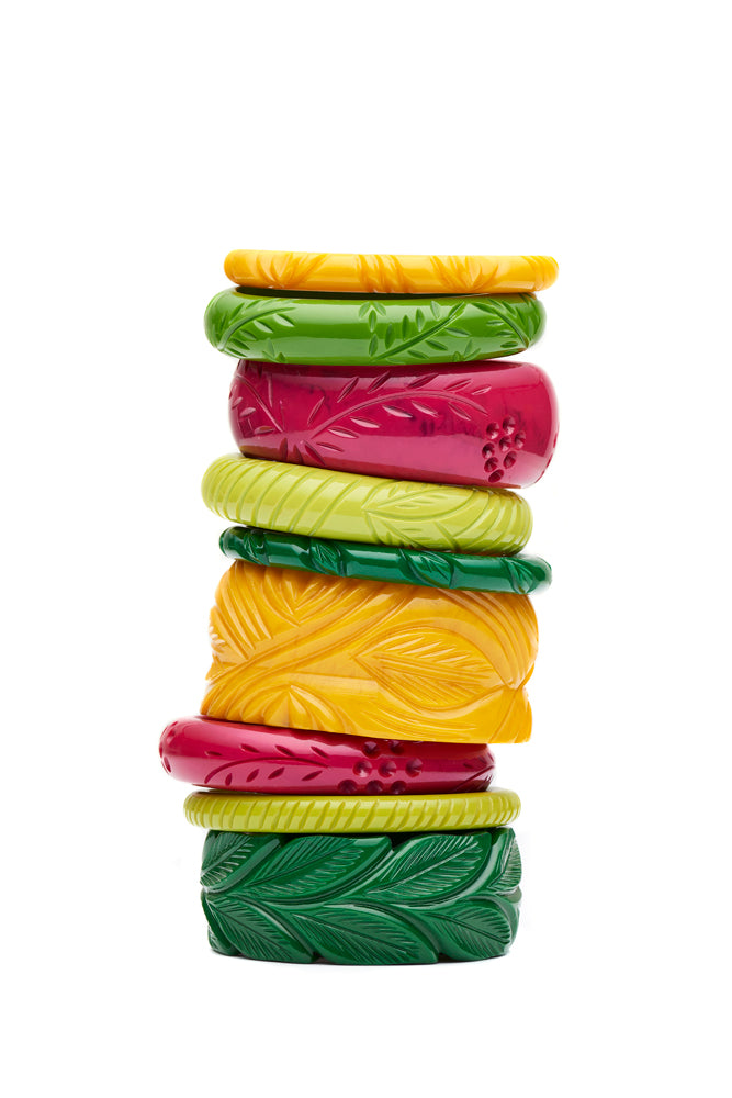 Splendette vintage inspired 1940s style stack of carved fakelite bangles in yellow, green and pink