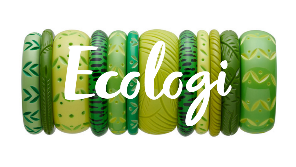 White Ecologi logo over Splendette green Duotone fakelite bangle stack