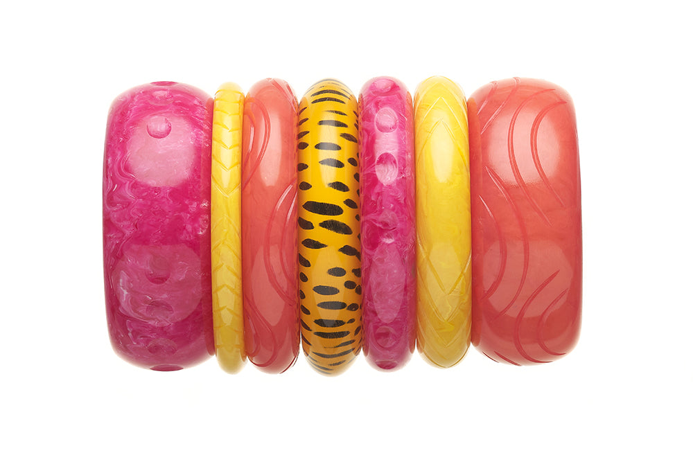 Splendette vintage inspired 1940s 1950s style fashion fakelite bright pastel leopard print pink tropical lemon yellow bangle collection