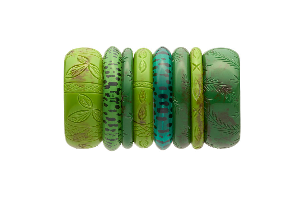 Splendette vintage inspired stack of green carved fakelite bangles