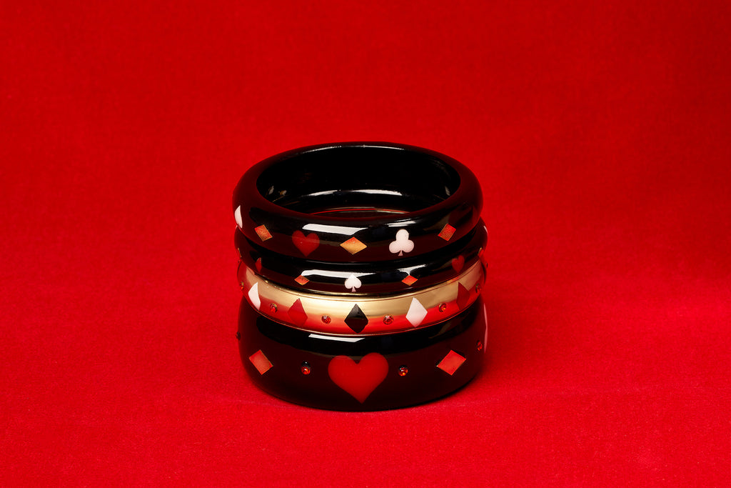 Splendette vintage inspired 1950s Las Vegas style black Queen of Diamonds bangle stack