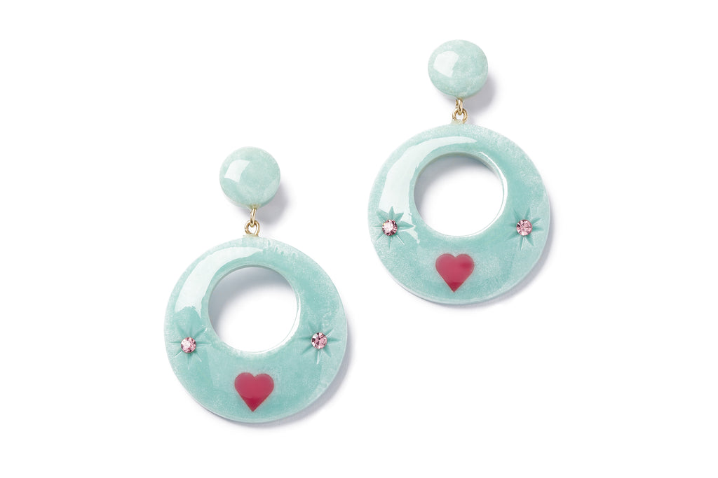 Splendette vintage inspired 1950s Valentine's style pastel blue carved Baby Doll Starburst Earrings