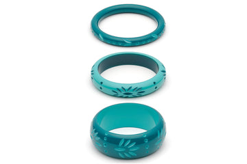 Splendette vintage inspired 1950s style teal and turquoise carved Duotone fakelite Dragonfly & Nymph Set of 3 Bangles
