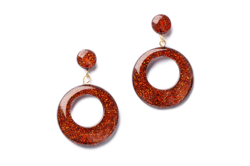 Splendette vintage inspired 1950s pin up style Autumn Bronze Glitter Drop Hoop Earrings
