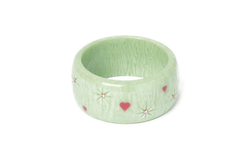 Splendette vintage inspired 1950s Valentine's style carved pastel green fakelite Extra Wide Sweet Pea Starburst Bangle