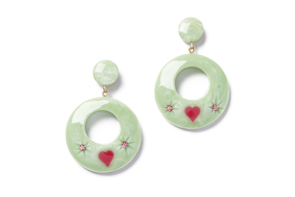 Splendette vintage inspired 1950s Valentine's style carved pastel green fakelite Sweet Pea Starburst Earrings