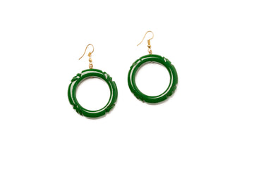 Splendette vintage inspired 1940s Bakelite style green Forest Heavy Carve Fakelite Drop Hoop Earrings