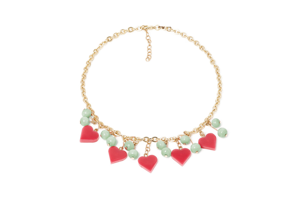 Splendette vintage inspired 1950s Valentine's style carved pastel green fakelite Sweet Pea Heart Necklace