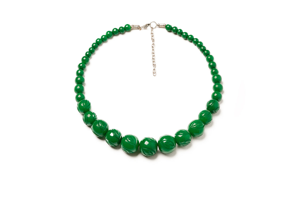 Splendette vintage inspired 1940s Bakelite style green Forest Heavy Carve Fakelite Bead Necklace