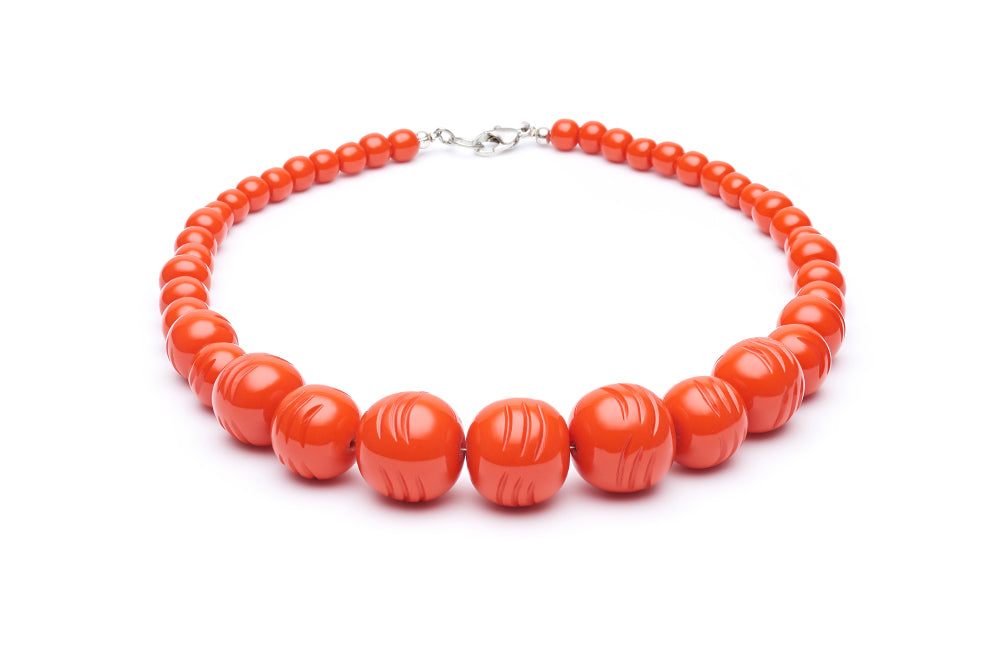 Splendette vintage inspired 1940s Bakelite style orange Papaya Heavy Carve Fakelite Bead Necklace