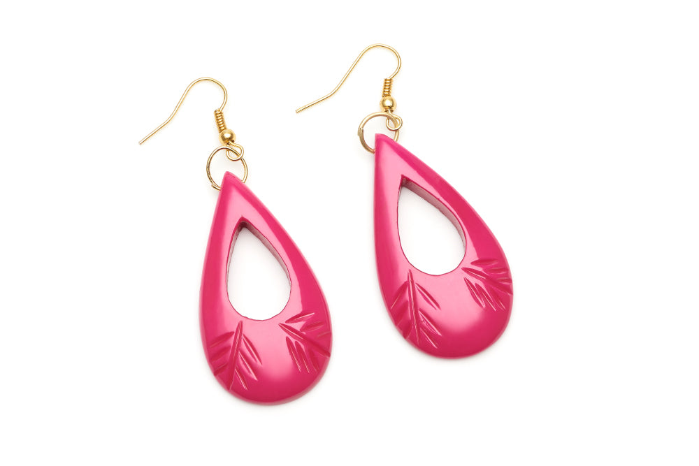 Splendette vintage inspired 1950s tropical Bakelite style Iris Pink Heavy Carve Fakelite Drop Earrings