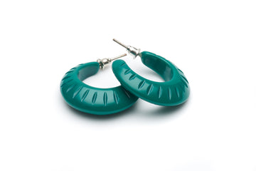 Splendette vintage inspired 1950s tropical Bakelite style Jade Green Heavy Carve Fakelite Hoop Earrings