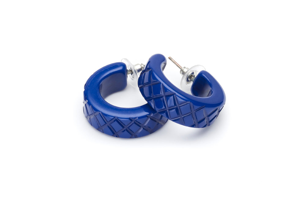 Splendette vintage inspired 1940s Bakelite style blue Indigo Fakelite Heavy Carve Hoop Earrings