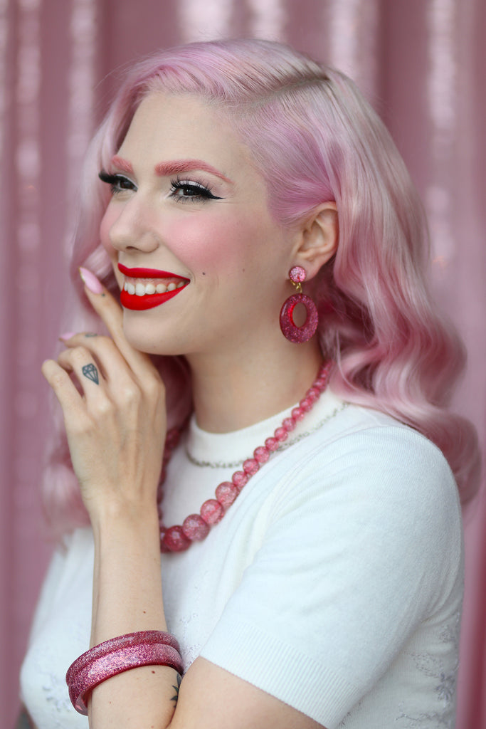 Splendette vintage inspired 1950s pin up style pastel Pale Pink Glitter jewellery worn by Dafna Bar-El