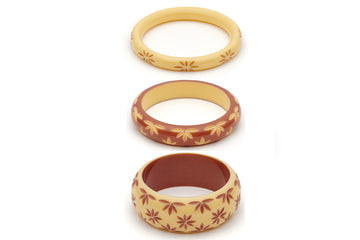 Splendette vintage inspired 1950s Western style cream and brown carved Duotone fakelite Lait & Café Set of 3 Bangles