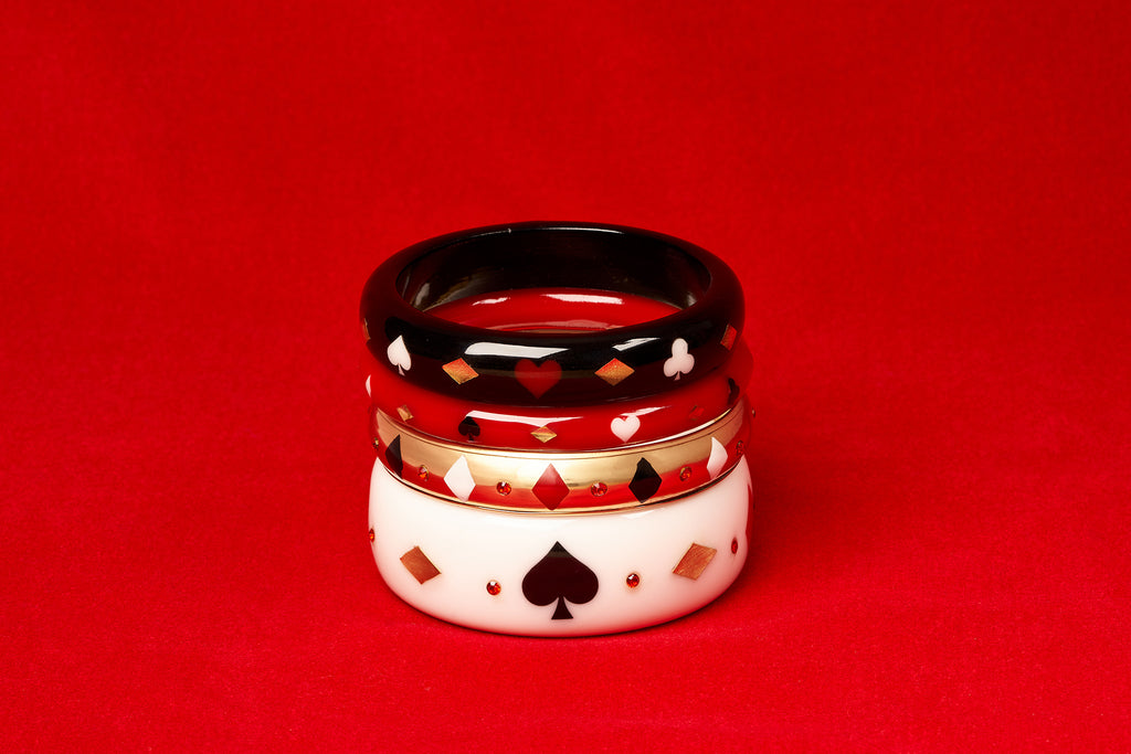 Splendette vintage inspired 1950s Casino style bangle stack in black, red, white and gold