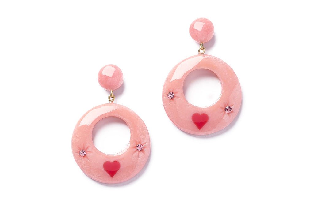 Splendette vintage inspired 1950s Valentine's style carved pink fakelite Sweet Cheeks Starburst Earrings
