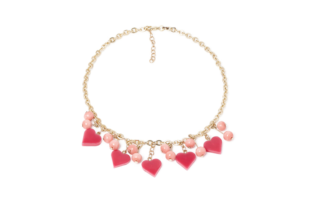 Splendette vintage inspired 1950s Valentine's style carved pink fakelite Sweet Cheeks Heart Necklace