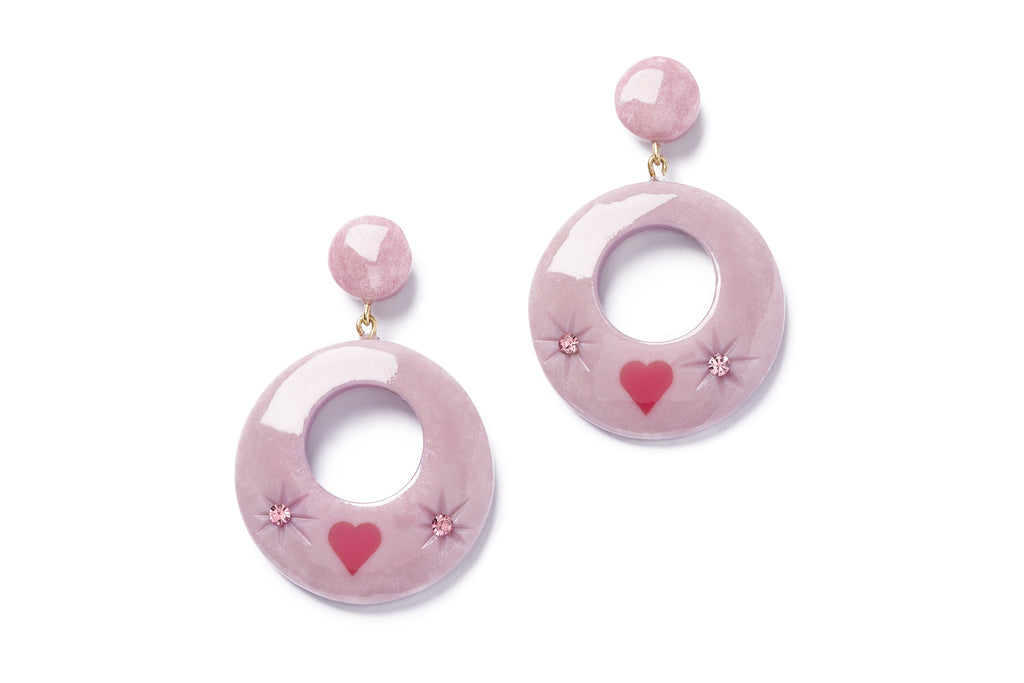 Splendette vintage inspired 1950s Valentines style pastel purple and pink heart Poppet Starburst Earrings