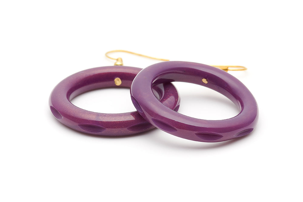 Splendette vintage inspired 1940s style carved purple Narrow Golden Plum Fakelite Drop Hoop Earrings