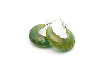 Splendette vintage inspired 1940s style carved green Golden Olive Fakelite Hoop Earrings