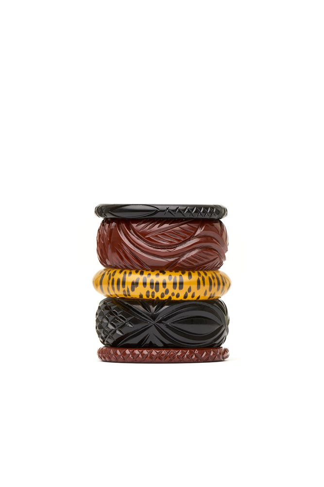 Splendette vintage inspired 1940s Bakelite style Heavy Carve Fakelite bangles in black and brown tobacco with Yellow Leopard Bangle