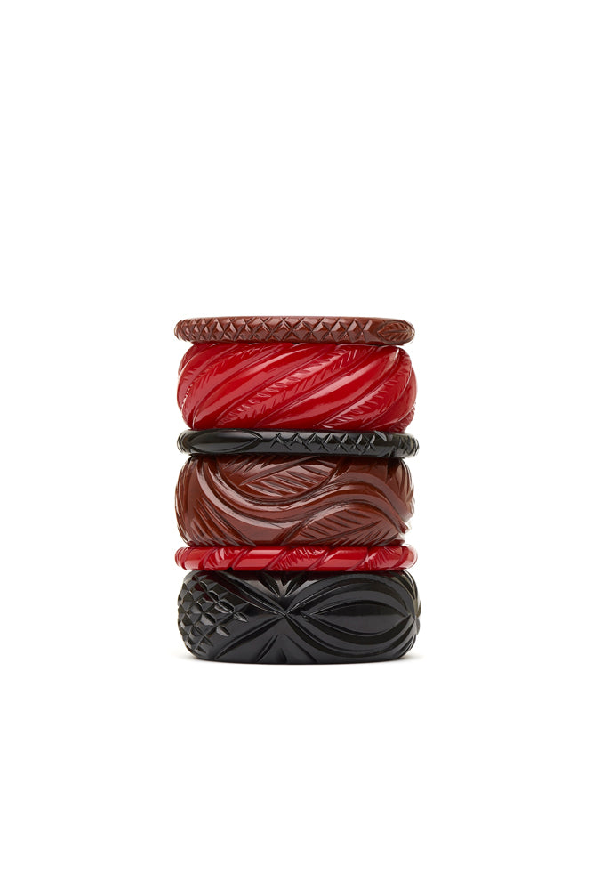 Splendette vintage inspired 1940s Bakelite style bangles in a stack in Red, Black and brown Tobacco