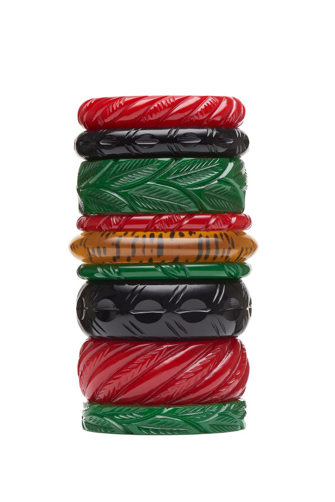 Splendette vintage inspired 1940s Bakelite style bangles in a stack in green Forest, Red, Black and Yellow Leopard