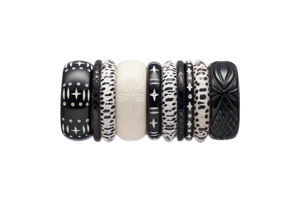 Splendette vintage inspired 1950s rockabilly style monochrome black and white Duotone and leopard print bangle stack