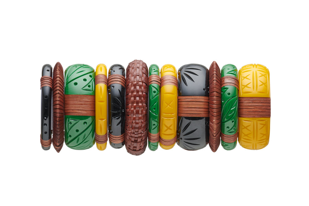 Splendette vintage inspired 1940s 1950s tropical Bakelite Style carved fakelite cane and woven bangle stack. Mid Woven Set of three with black Panther, green Parakeet and yellow Ochre.