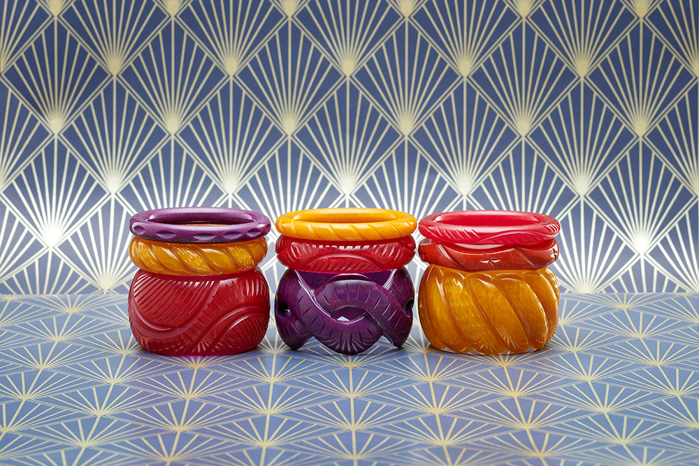 Splendette vintage inspired 1940s style trio of Autumn 2020 Golden Fakelite bangles in Bordeaux, Mustard, Amber and Plum