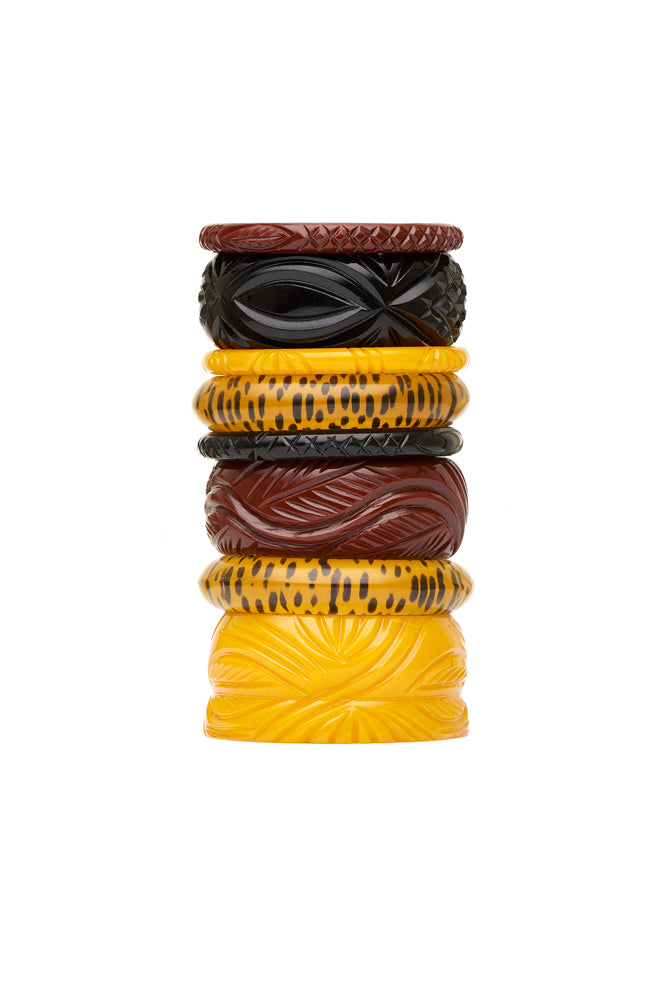 Splendette vintage inspired 1940s Bakelite style Heavy Carve Fakelite bangles in black, brown tobacco and yellow Yolk with Yellow Leopard Bangle