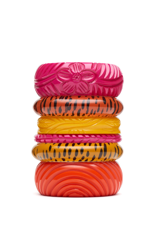 Splendette vintage inspired 1950s style stack of Iris Pink, yellow Yolk, orange Papaya and leopard print bangles