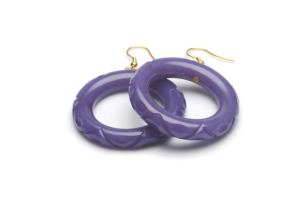 19940s Style Drop Hoop Earrings in Amethyst Purple Fakelite