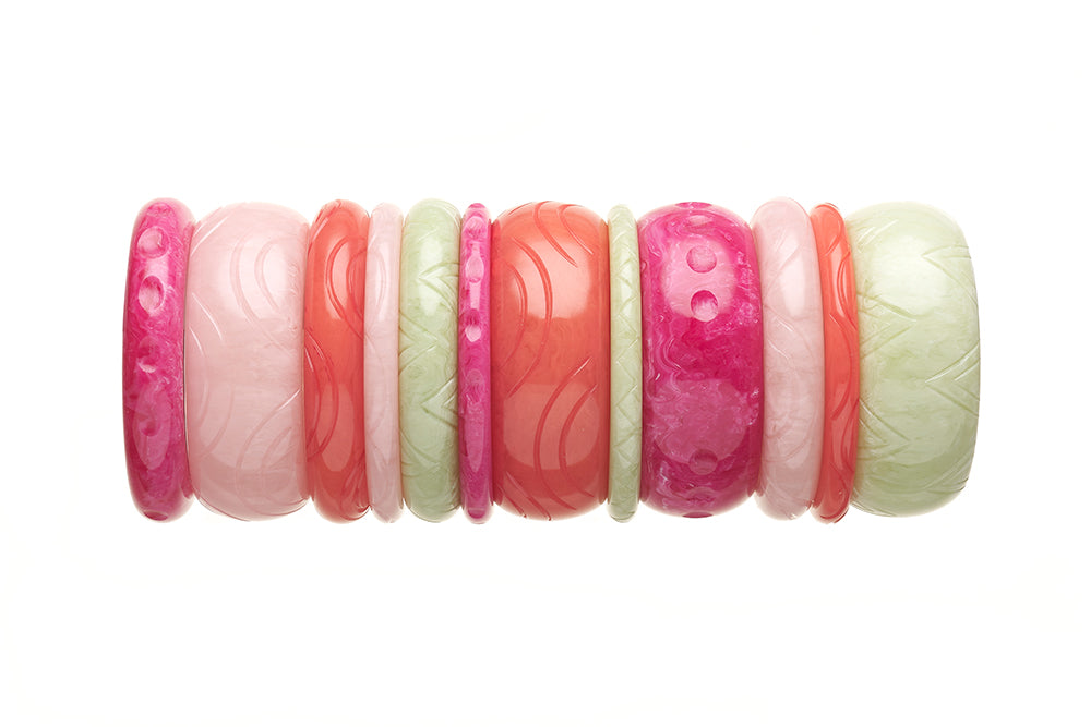 1950s Style Bangle Stack in Pink and Green Fakelite