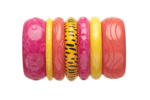 1950s Style Bangle Stack in Pink and Yellow Fakelite