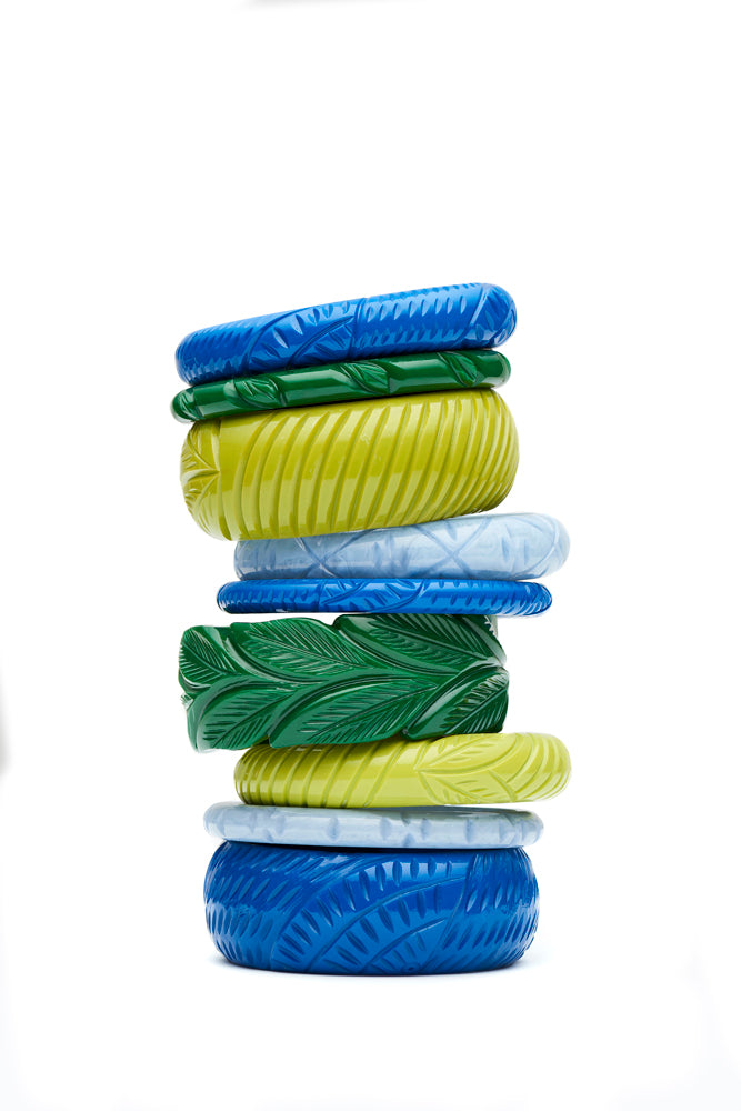 Splendette vintage inspired 1950s carved fakelite stack of blue, green and Chartreuse bangles