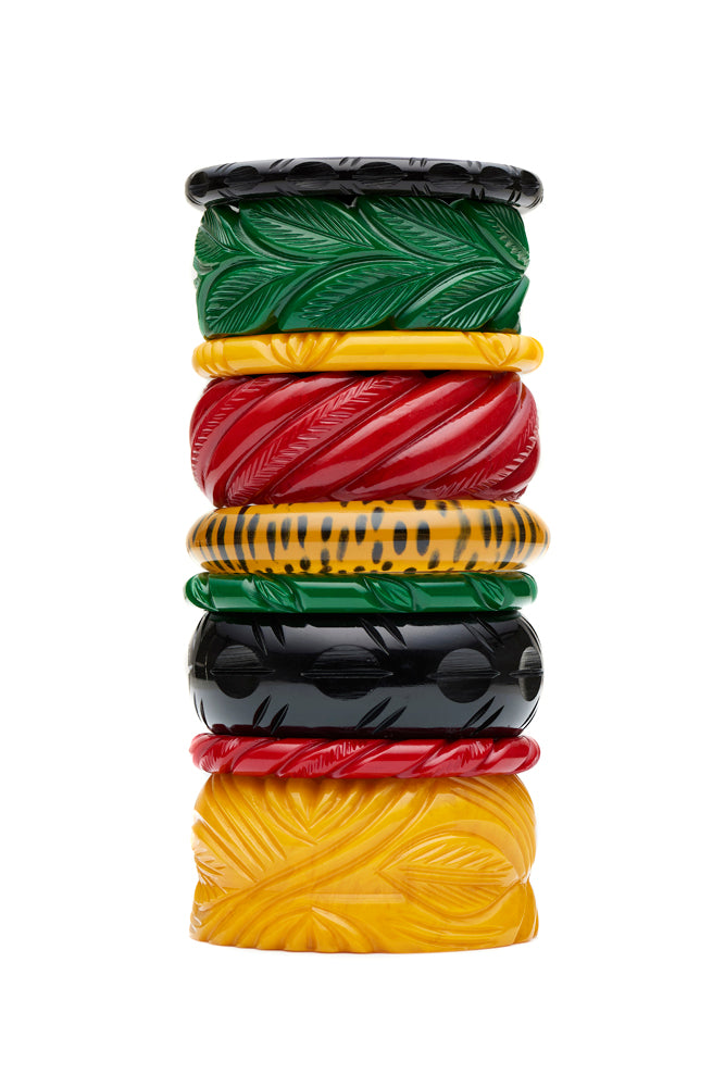 Splendette vintage inspired 1940s Bakelite style bangles in a stack in yellow Yolk, Red, Black, green Forest and Yellow Leopard