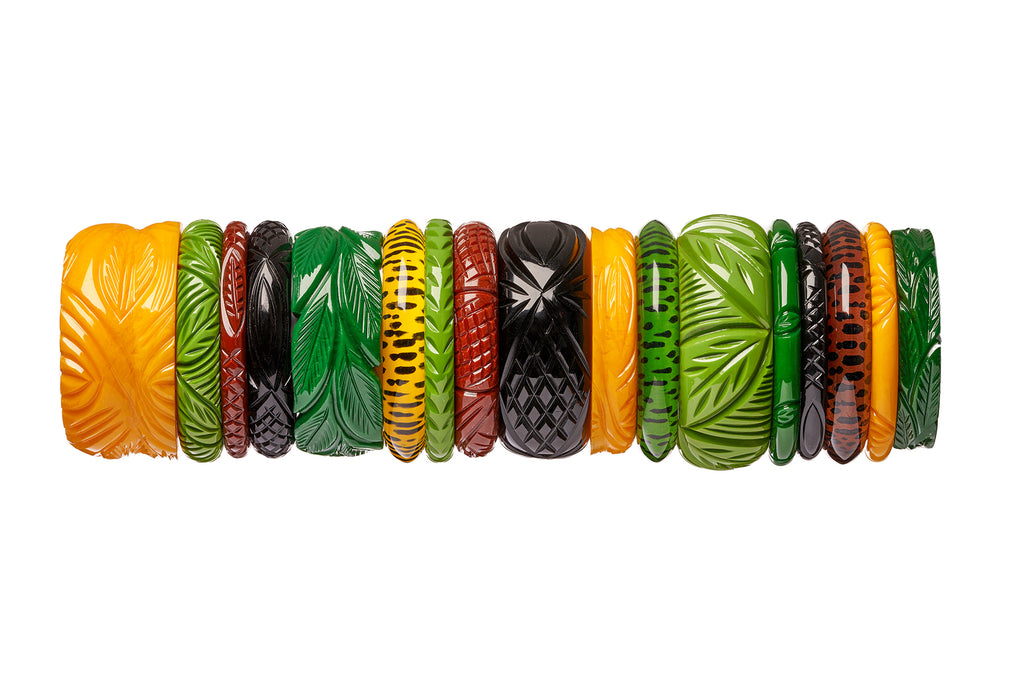 Splendette vintage inspired 1940s Bakelite style heavy carve fakelite bangles in yellow Yolk, green Palm and Forest, brown Tobacco and Black with yellow, green and brown leopard print bangles