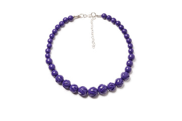 Splendette vintage inspired 1940s style purple fakelite Paradise Heavy Carve Bead Necklace
