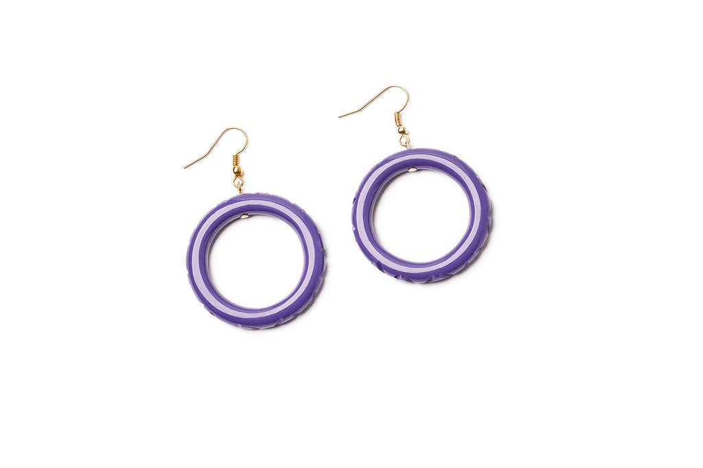Splendette vintage inspired 1940s style purple fakelite Paradise Heavy Carve Drop Hoop Earrings