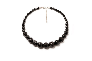 Splendette vintage inspired 1940s Bakelite style Black Heavy Carve Fakelite Bead Necklace