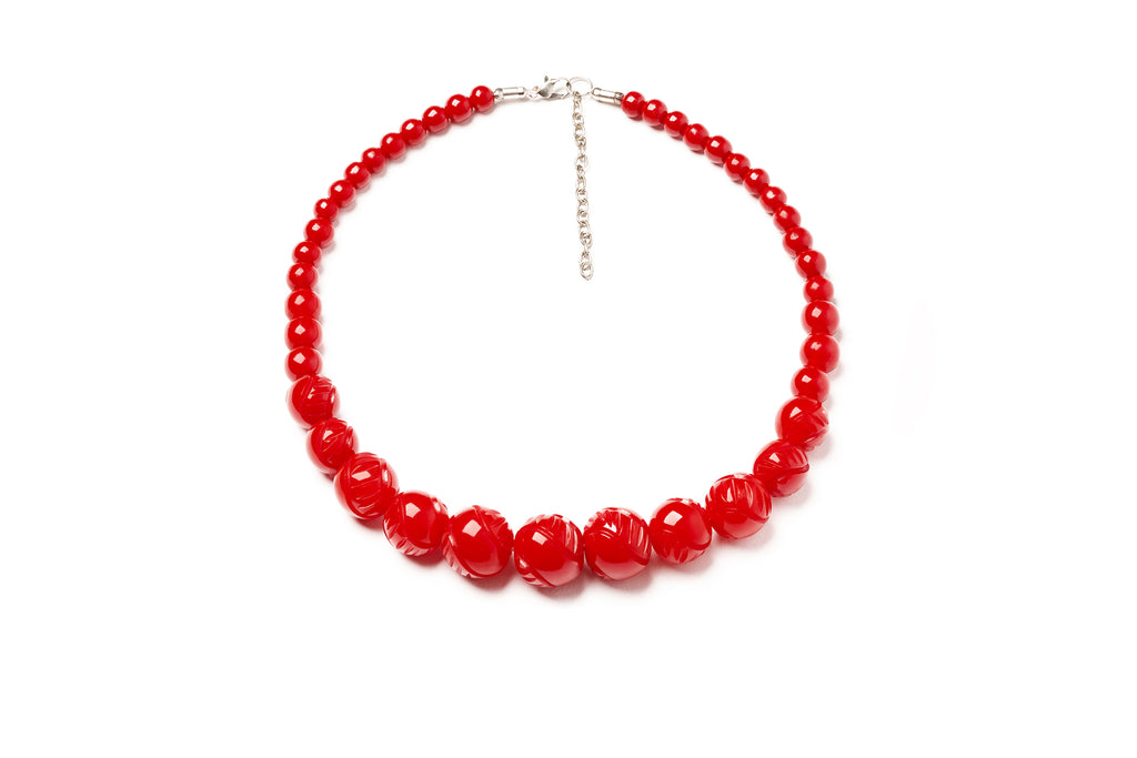 Splendette vintage inspired 1940s style Red Heavy Carve Fakelite Bead Necklace