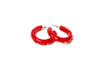 Splendette vintage inspired 1940s style Red Heavy Carve Fakelite Hoop Earrings