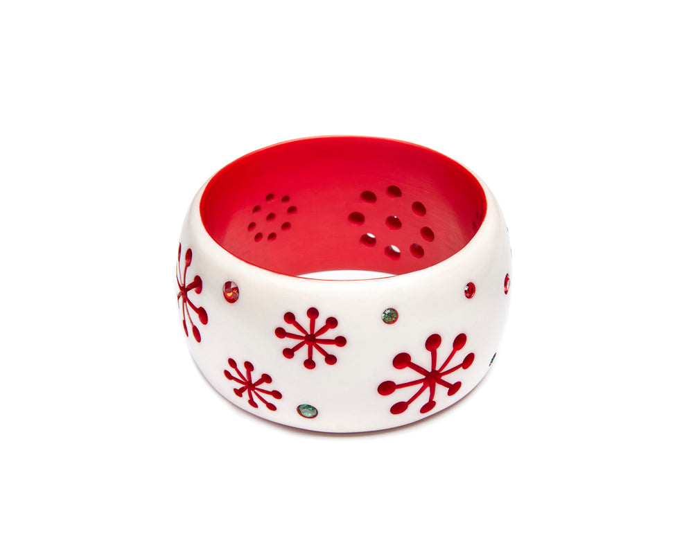 Splendette vintage inspired 1950s mid-century Christmas style white and red Extra Wide Lumi Atomic Snowflake Bangle in Classic size