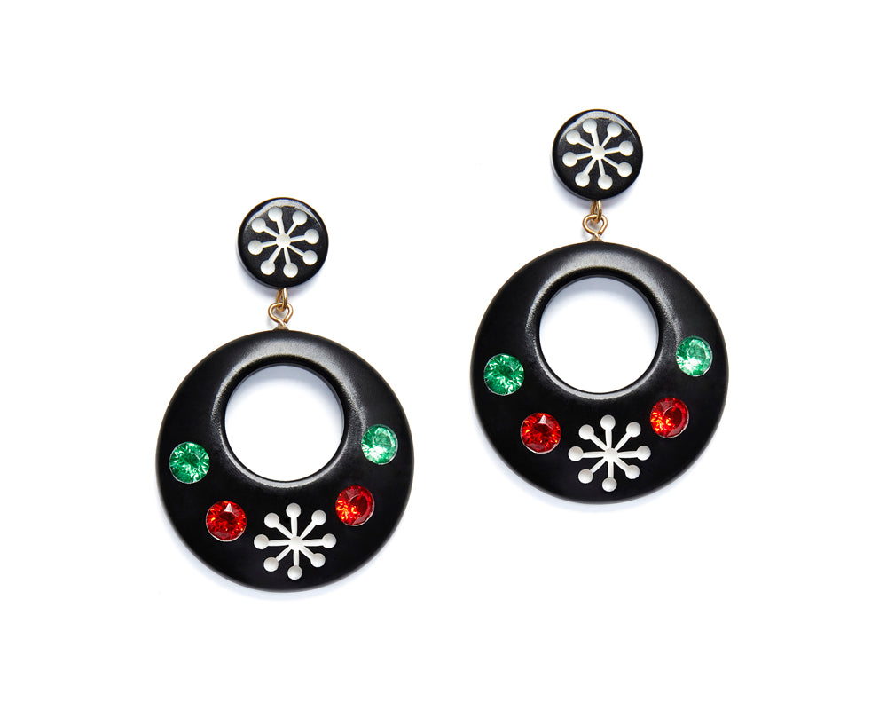 Splendette vintage inspired 1950s mid-century Christmas style black Midi Musta Atomic Snowflake Drop Hoop Earrings