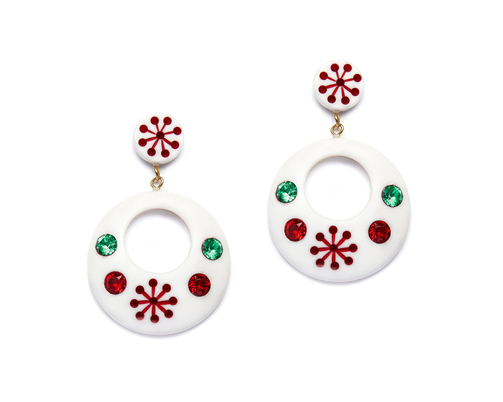 Splendette vintage inspired 1950s mid-century Christmas style white Extra Wide Lumi Atomic Snowflake Drop Hoop Earrings