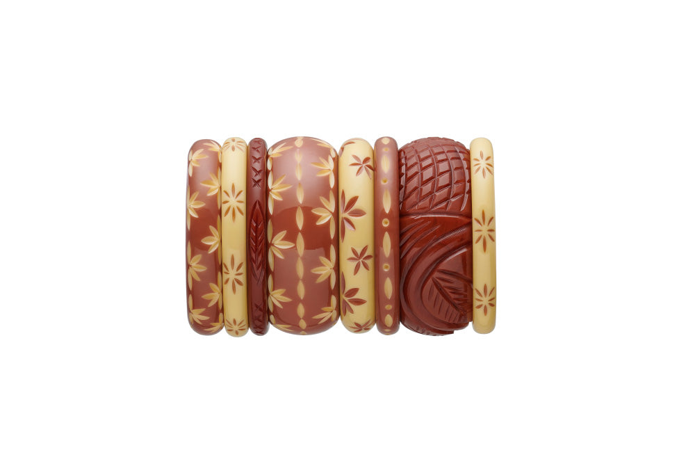 Splendette vintage inspired 1950s Western style stack of carved fakelite bangles with brown Tobacco and Duotone Café, and cream Lait