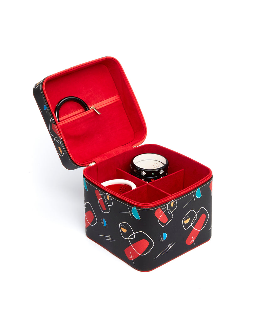 Splendette vintage inspired 1950s style black and red Mid Century Abstract Bangle Case jewellery box - open with black and white fakelite bangles